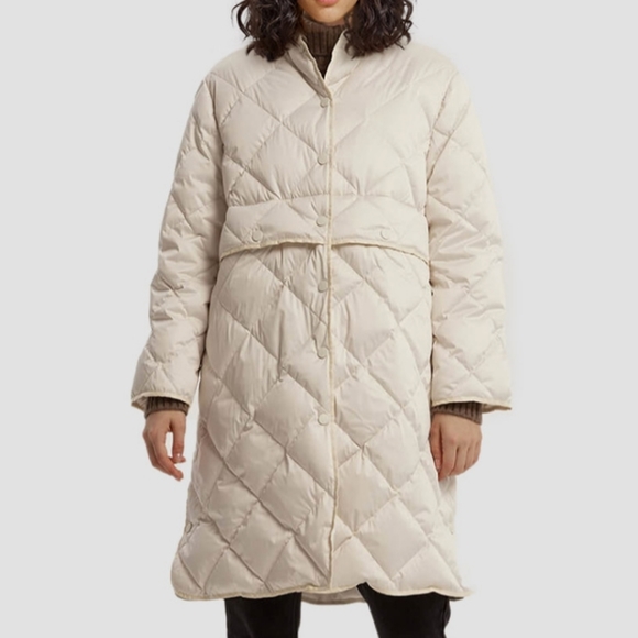 🆕 Lattelier Lightweight A-Line Down Diamond Quilted Coat in Ivory - Picture 3 of 9